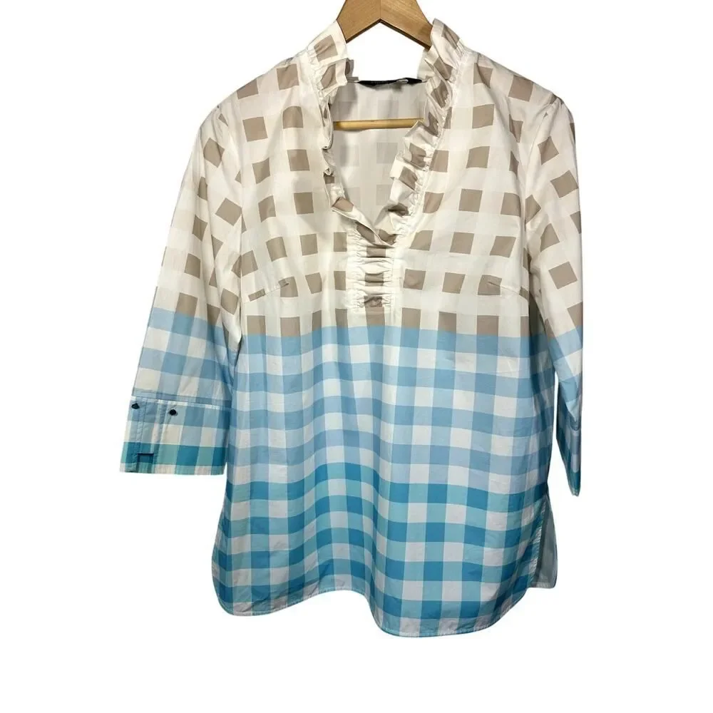 MING WANG Women's Two Piece Gingham Cotton Poplin Skirt Set Blue/Tan Size Small